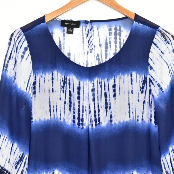 AB Studio Tie Dye Flare 3/4 Sleeve Top Small Navy Sheer Boho High Low Hippie - Picture 3 of 12